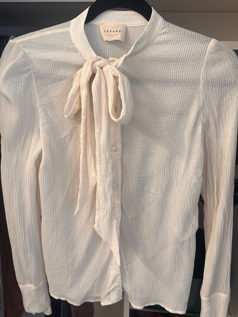 Silk Cream Bow-Neck Textured Blouse